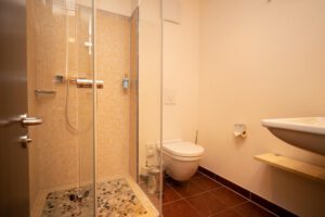 Badezimmer mit Dusche und Toilette - Bergwirtschaft Wilder Mann (bei Dresden)